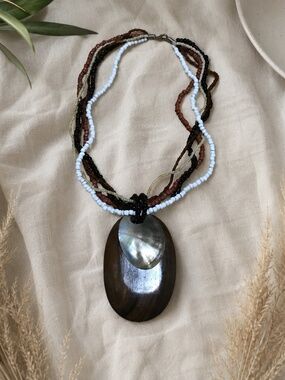 Layered Seed Bead Necklace w/Shell & Wood Pendant Earth Tone Statement Necklace